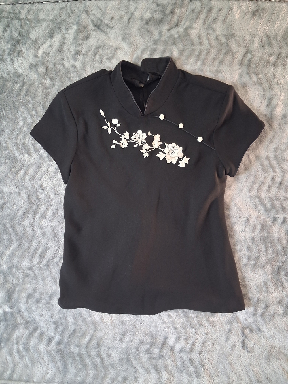 SL Fashions Top Womens 14p Black Floral Embroidered Mandarin Collar Whimsy Goth